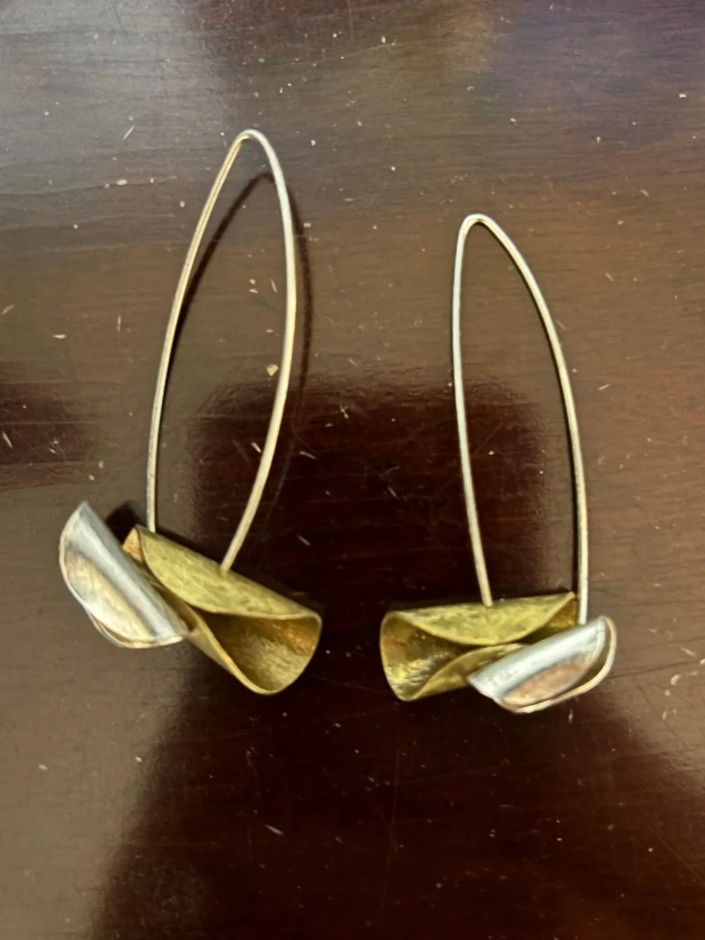 Two-Tone Gold & Silver Colored Metal Drop Earrings - Handmade Sculptural Design